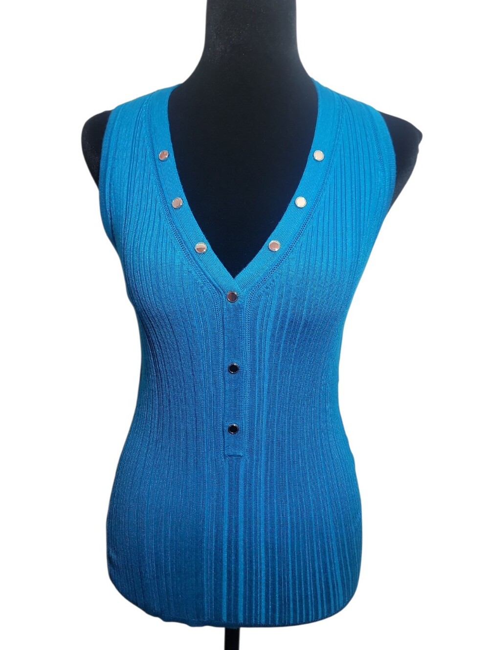 White House Black Market blue ribbed v neck sleeveless sweater top women's small